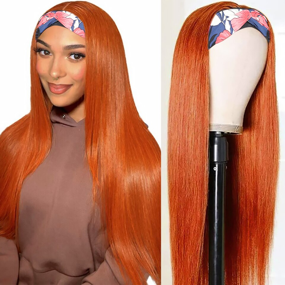 #350 Ginger Orange Headband Wig Straight Human Hair Wig Colored Full Machine Made Wig