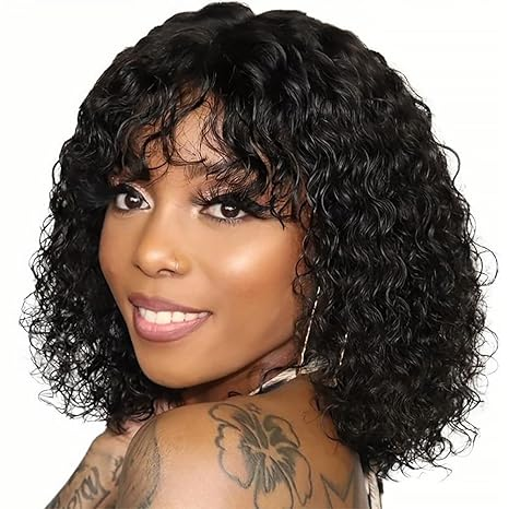 Lumiere A1 Customized Natural Black Short Water Bob Human Hair Wig with Bangs Brazilian Non Lace Front Wig For Black Women