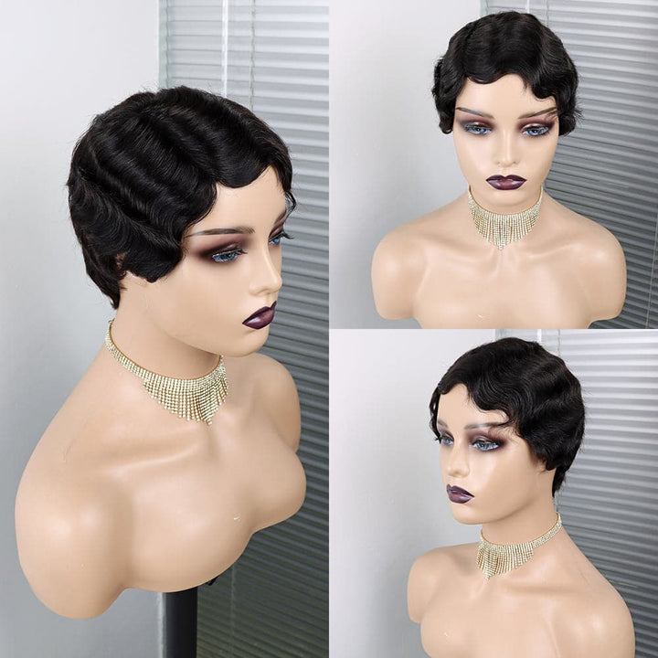 #30 Pixie Cut Finger Wave Short Bob Full Machine None Lace Front Wigs 100% Human Hair
