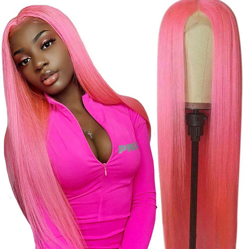 Lumière 150% Densité Rose Rose Cheveux Raides 13 * 4 HD Lace Front Perruques Vierge Cheveux Humains 