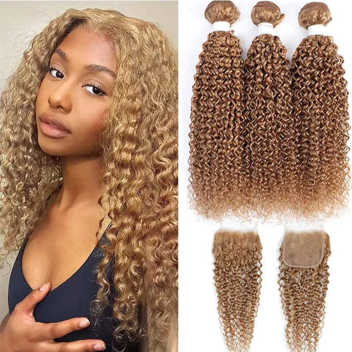 #27 Honey Blonde Kinky Curly 3 Bundles With 4X4 Lace Closure For Women Human Hair