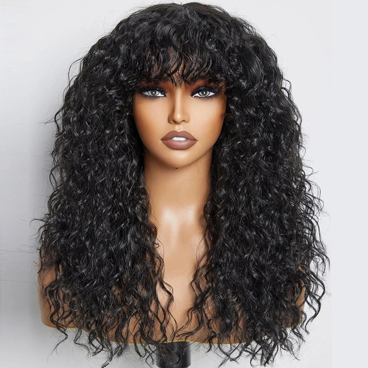 Lumiere Water wave Wig with Bangs Brazilian Virgin Glueless Human Hair Machine Made None Lace Wigs for Black Women HDZ