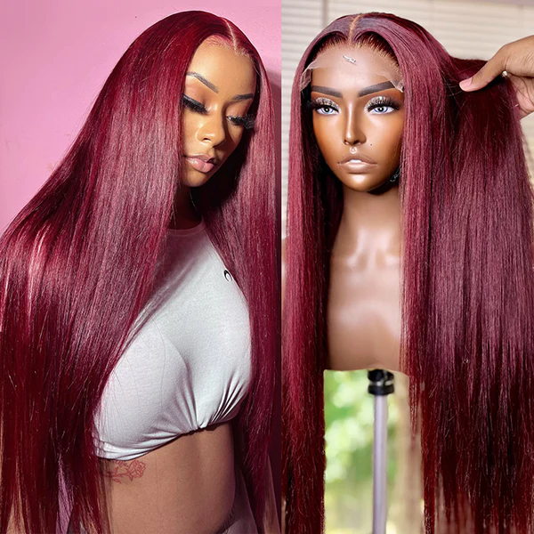 Lumiere 99J Cherry Color Straight 13x4 Lace Frontal 180% Density Wigs For Women Pre Plucked