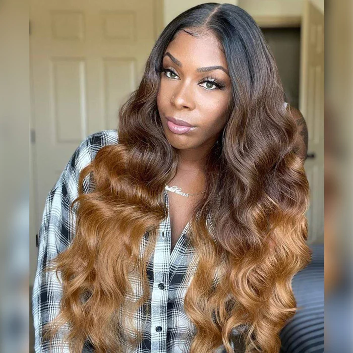 Gorgeous Ombre Color 3T 1B/4/27 Body Wave Undetectable HD Lace Frontal Wigs Pre Plucked