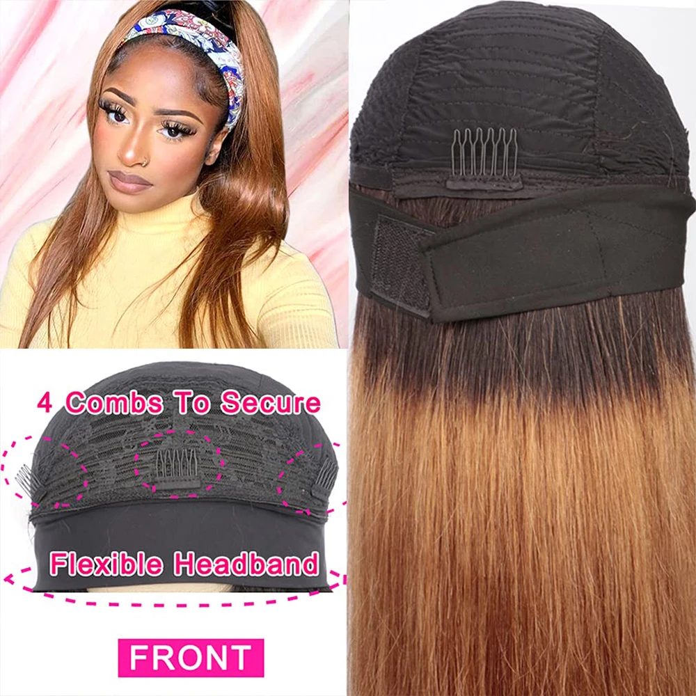Straight No Lace 1B/30 Ombre Human Hair Headbands Wigs Full Machine Head 150% Density Wig
