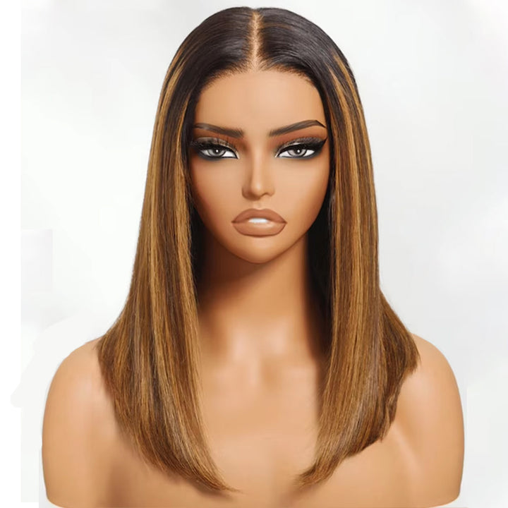 Lumiere Blunt Cut 13x4 Lace Brown Piano Highlights Straight Bob Wig With Dark Roots Bob Wigs Human Hair Ready To Wear