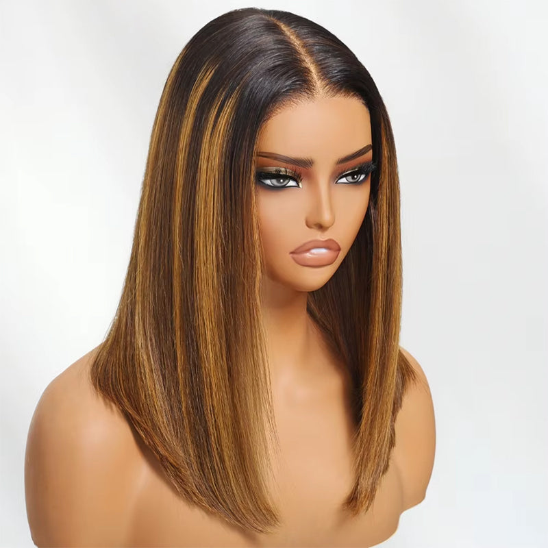 Lumiere Blunt Cut 13x4 Lace Brown Piano Highlights Straight Bob Wig With Dark Roots Bob Wigs Human Hair Ready To Wear
