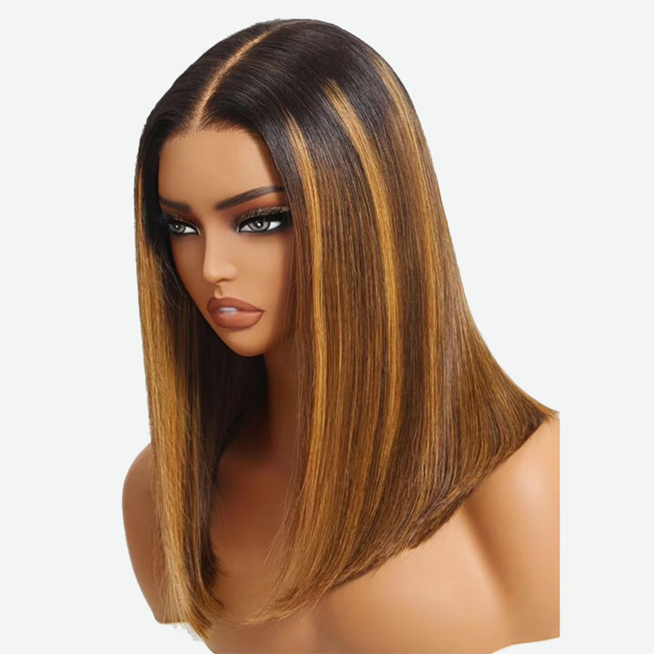 Lumiere Blunt Cut 13x4 Lace Brown Piano Highlights Straight Bob Wig With Dark Roots Bob Wigs Human Hair Ready To Wear