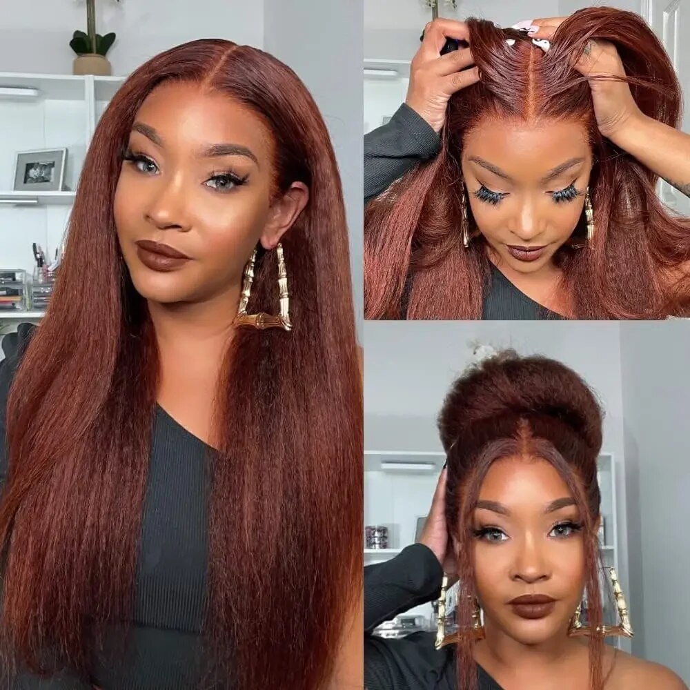 Lumiere Hair Color #33 Reddish Brown Kinky Straight Pre-cut lace Glueless Wig 4x4 & 5x5 lace Wig For Black Women