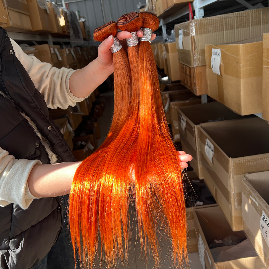 #350 Orange Ginger Bone Straight Human Hair 3 Bundle With 13x4 Frontal Colored Human Hair   Extensions