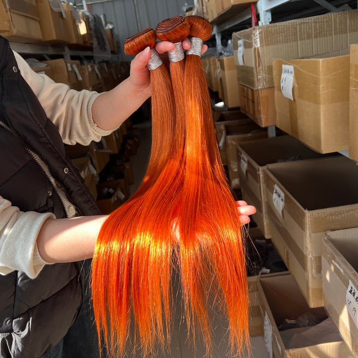 #350 Orange Ginger Bone Straight Human Hair 3 Bundle With 13x4 Frontal Colored Human Hair   Extensions