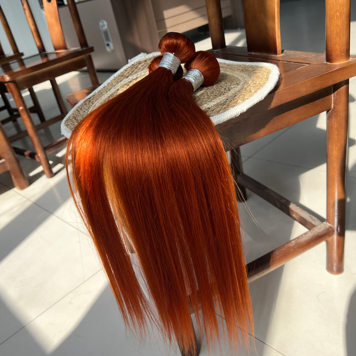 #350 Ginger Orange Straight  100% Human Hair 4 Bundles With 5x5/6x6 Closure Brazilian Raw Virgin Hair Double Weft Bundle for Black Women