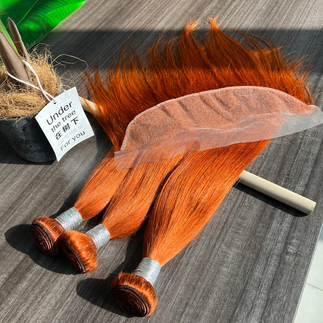 #350 Orange Ginger Bone Straight Human Hair 3 Bundle With 13x4 Frontal Colored Human Hair   Extensions