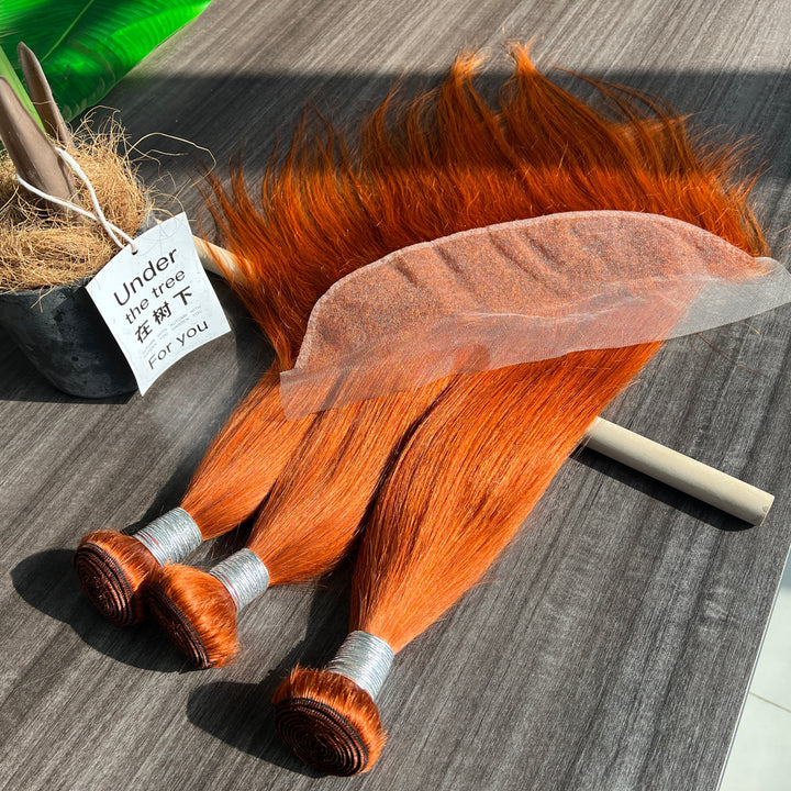 #350 Orange Ginger Bone Straight Human Hair 3 Bundle With 13x4 Frontal Colored Human Hair   Extensions