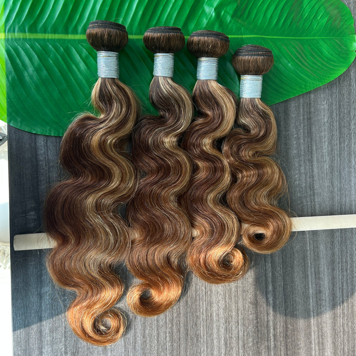 P4/27 Highlight Body Wave 4 Bundles With 4x4 Lace Closure Human Hair(No Code Need)
