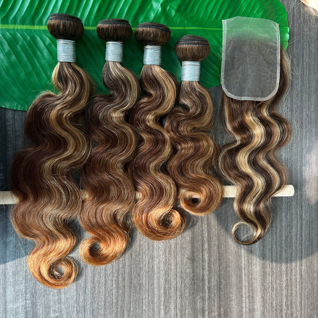 P4/27 Highlight Body Wave 4 Bundles With 4x4 Lace Closure Human Hair(No Code Need)
