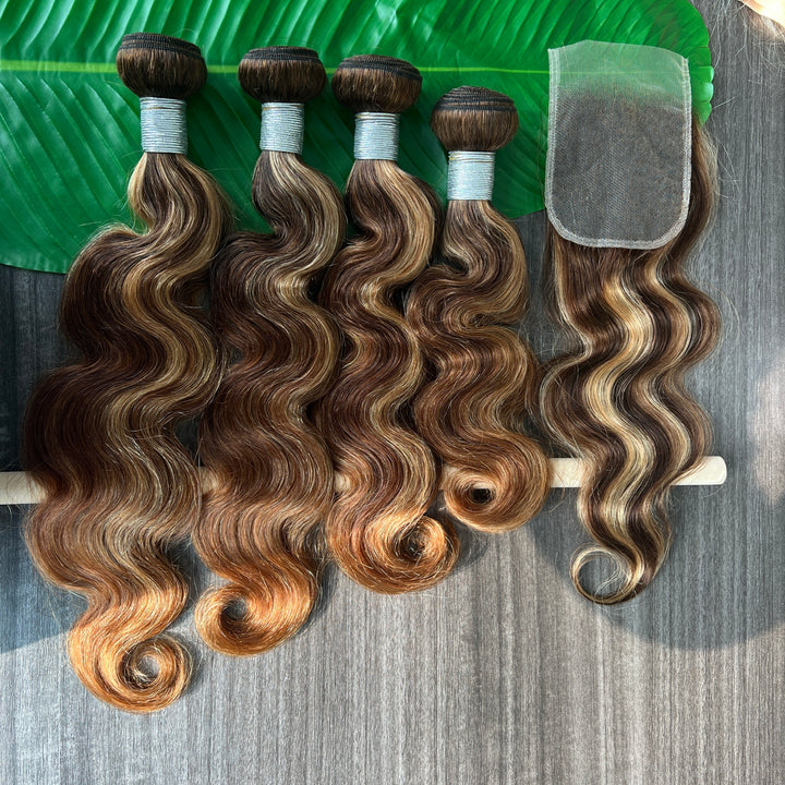 P4/27 Highlight Body Wave 4 Bundles With 4x4 Lace Closure Human Hair(No Code Need)