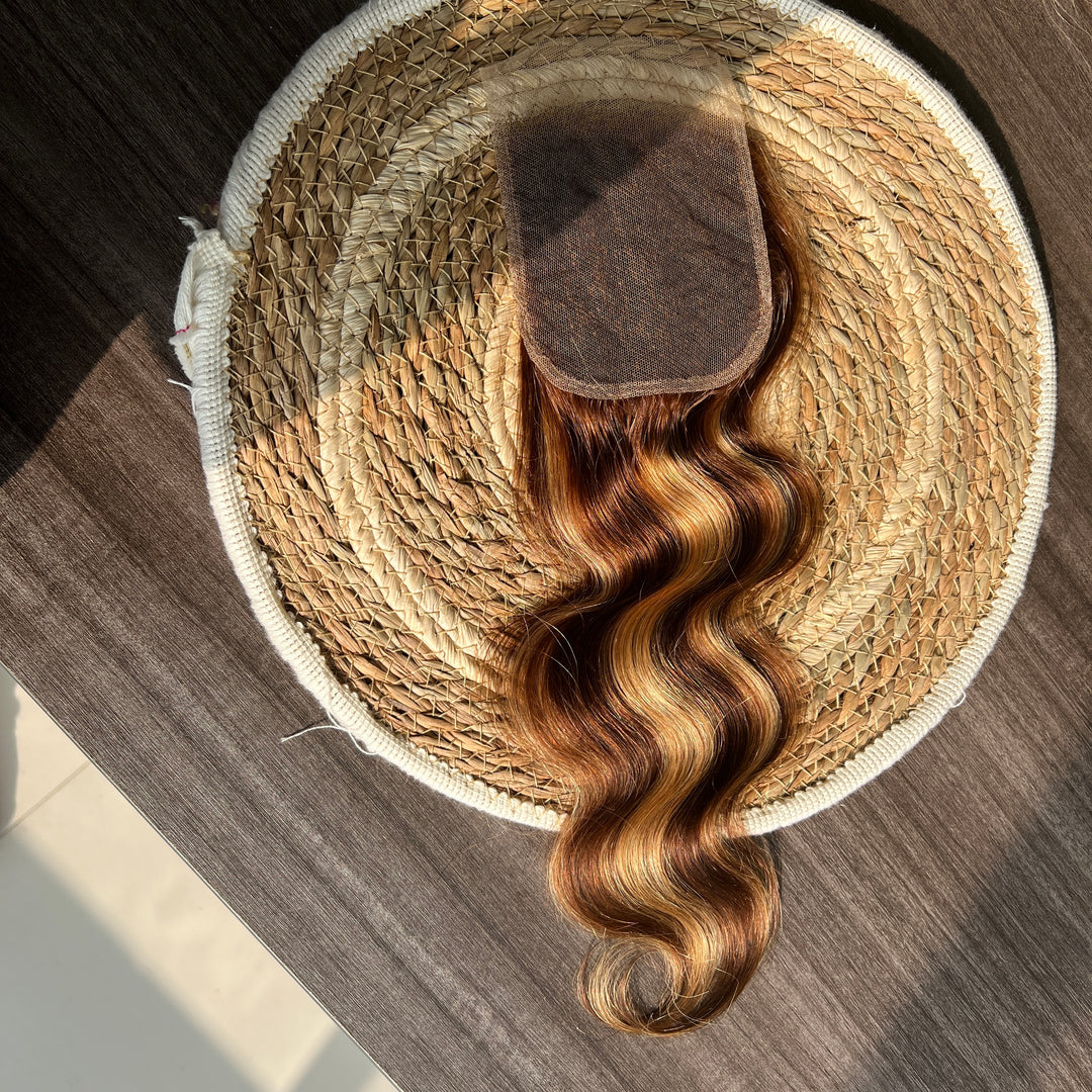 Highlight P4/27 Ombre Colored Body Wave 3 Bundles With 4X4 Lace Closure