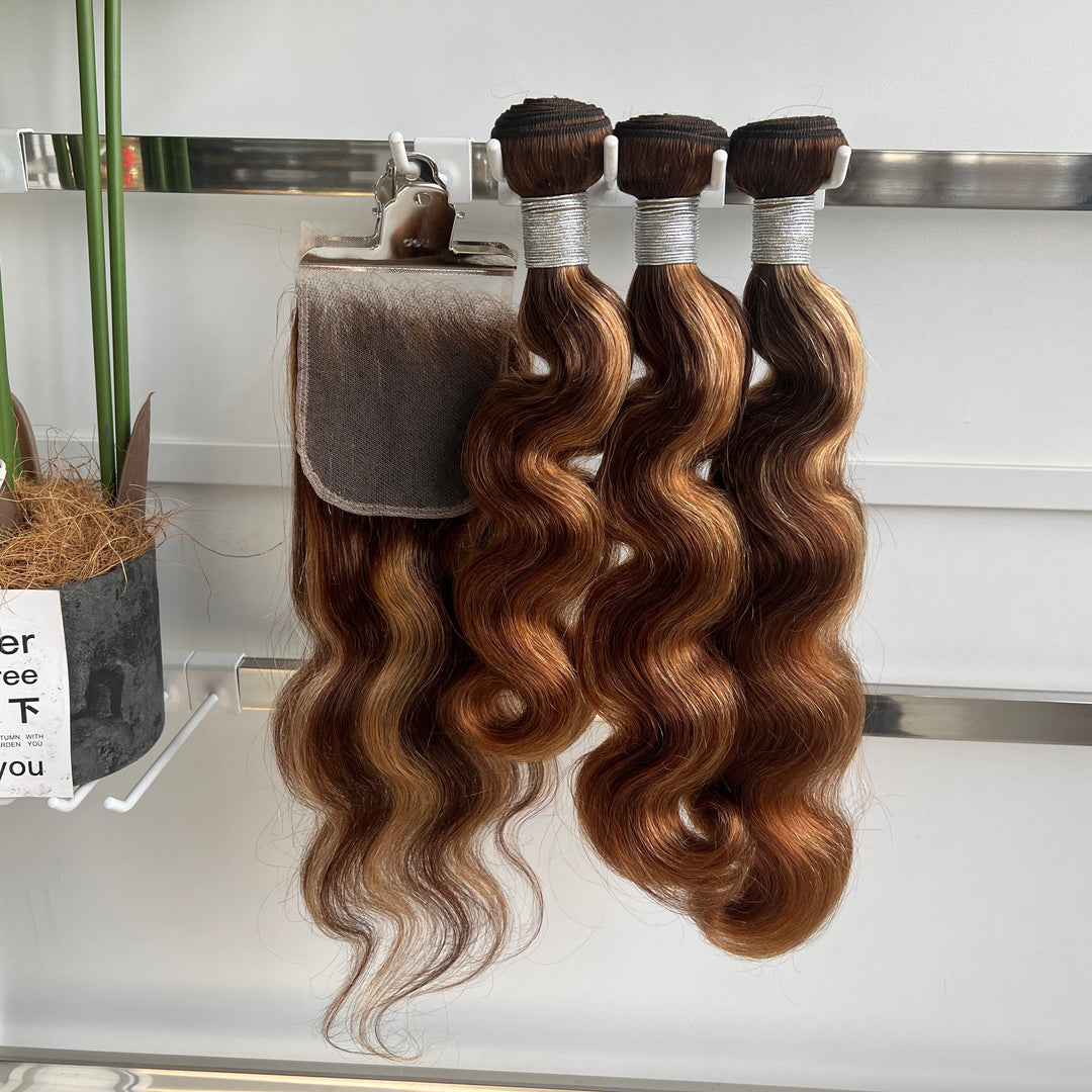 Highlight P4/27 Body Wave 3 Bundles with 4x4 Lace Closure Human Hair(No Code Need)
