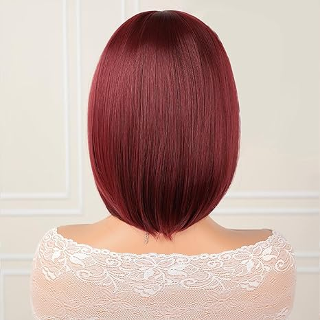 Lumiere A1 Customized Red Color #Burg Bob Wig with Bangs 14 inch Short Bob Wigs for Women Straight Bob Full Machine Wig