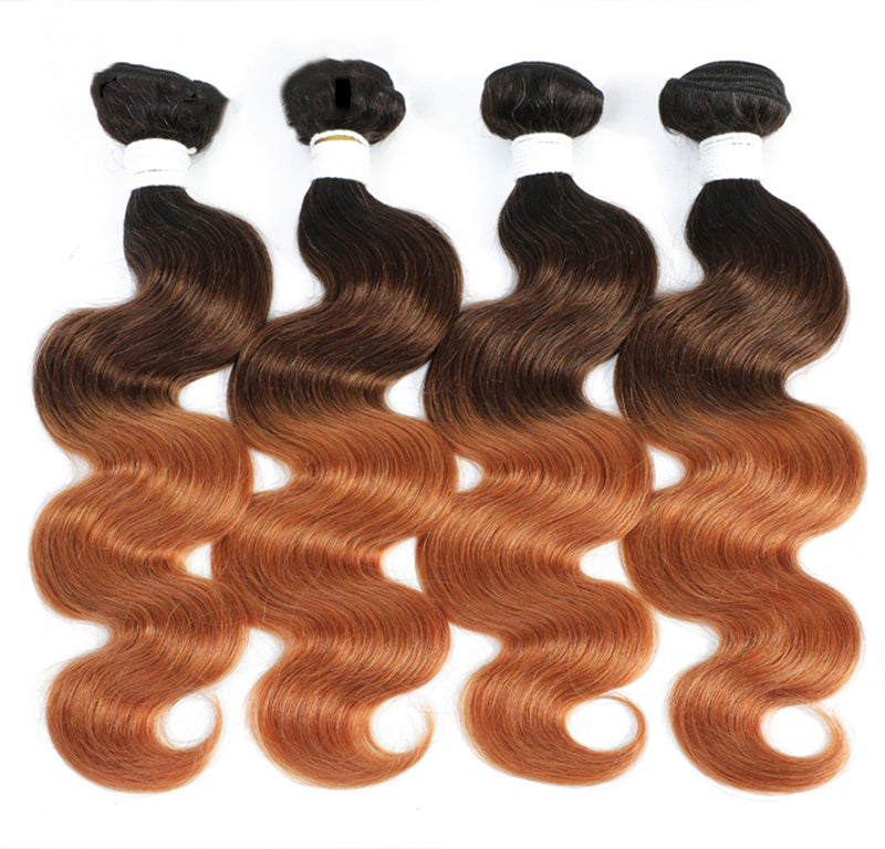 Brazilian Body Wave Human Hair 4 Bundles Ombre Brown 3 Tone 1B/4/30 Colored Human Hair Weave Bundle Virgin Hair