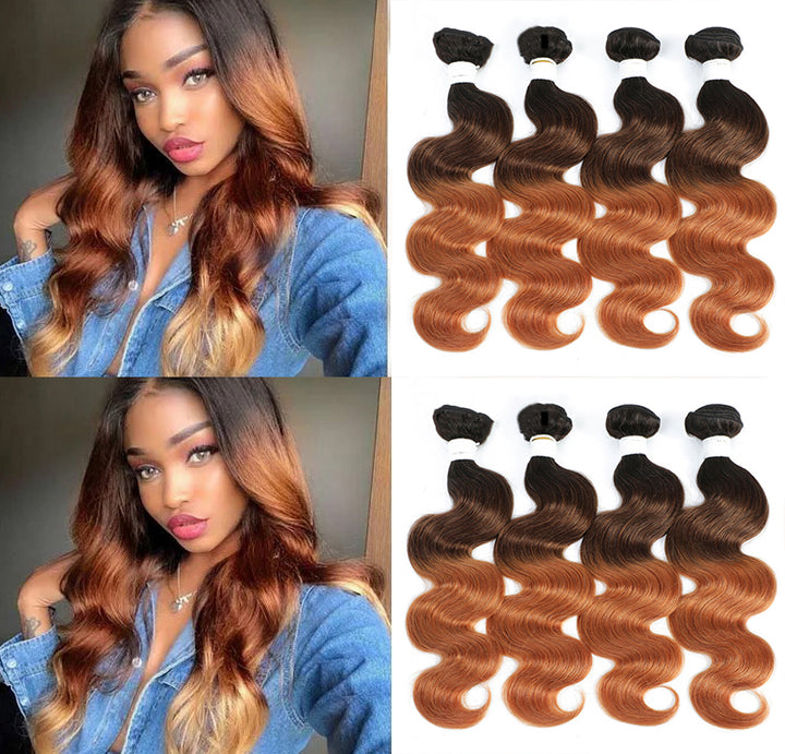 Brazilian Body Wave Human Hair 4 Bundles Ombre Brown 3 Tone 1B/4/30 Colored Human Hair Weave Bundle Virgin Hair