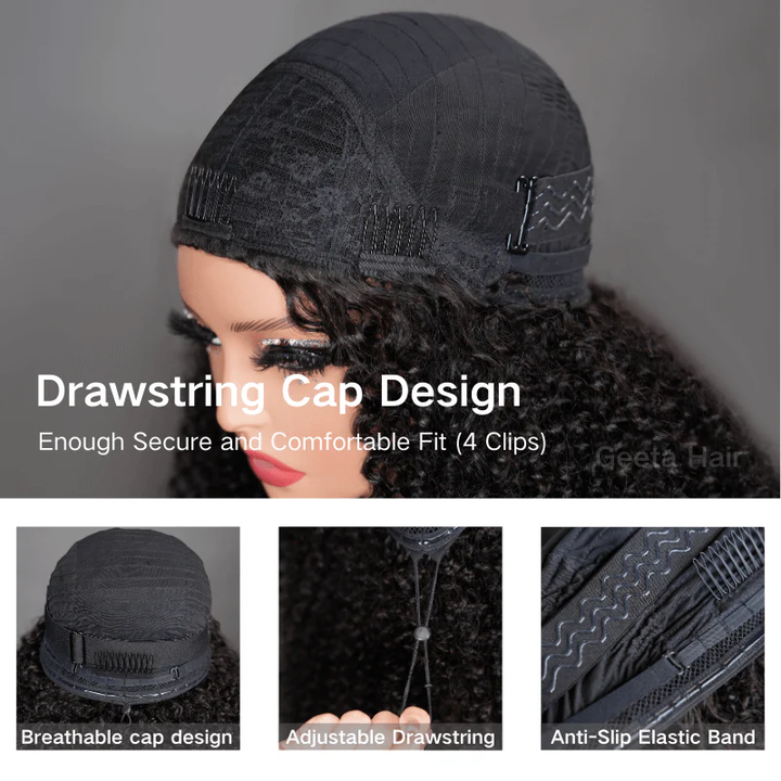 [3 In 1 Half ] Afro Curly Half Wig with Elastic Band Glueless Wear & Go Drawstring Band  Human Hair Black Color