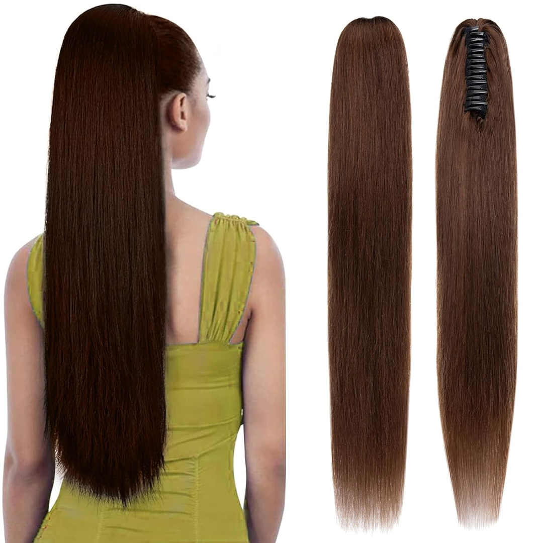 Chocolate Brown Straight Claw On Ponytail Hairpiece For Women
