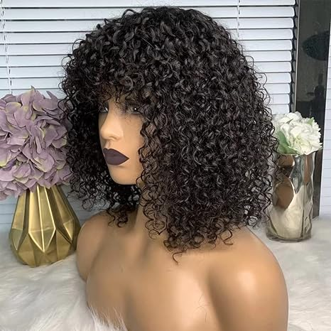 Lumiere A1 Customized Curly Short Bob Human Hair Wigs with Bangs None Lace Front Human Hair Wigs for Black Women 14 inch