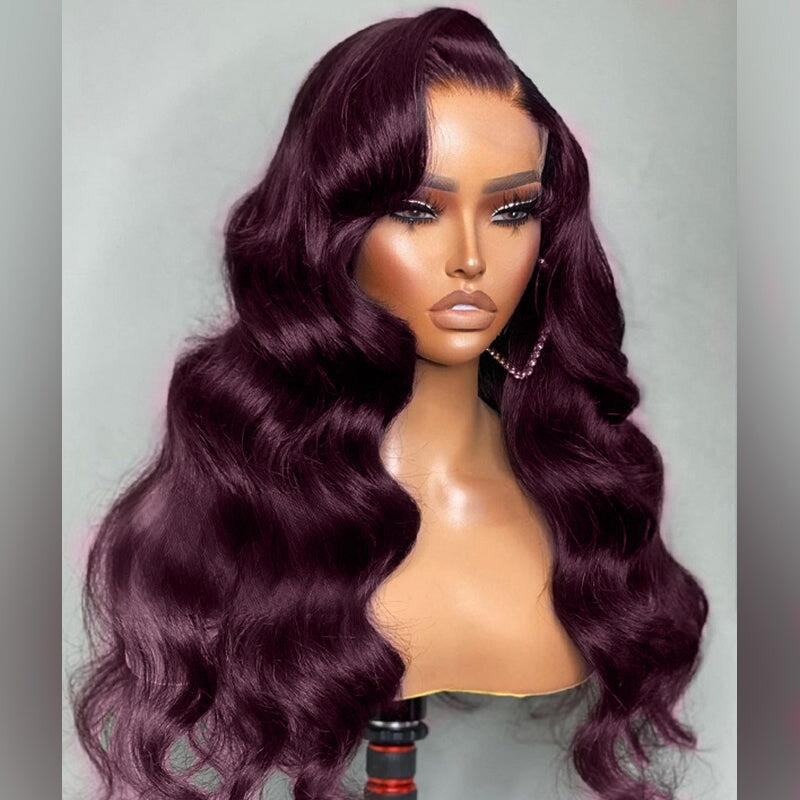 Dark Purple Plum Colored 13x4 Lace Silky Body Wave Wig Human Hair For Black Women