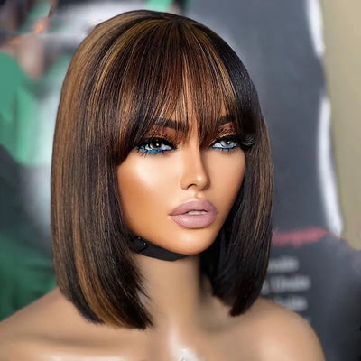 Lumiere Highlight Brown Colored Short Bob Human Hair Wig For Black Women 13x4 Lace Frontal Wig 180% Density HDZ