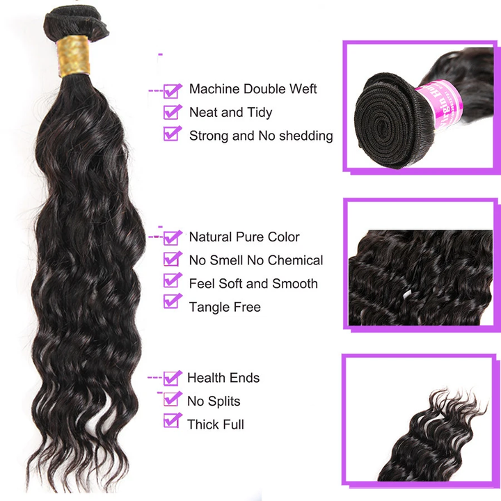 Natural Wave 3 Bundles With 4x4 Closure 100% Virgin Human Hair Middle and Free Part