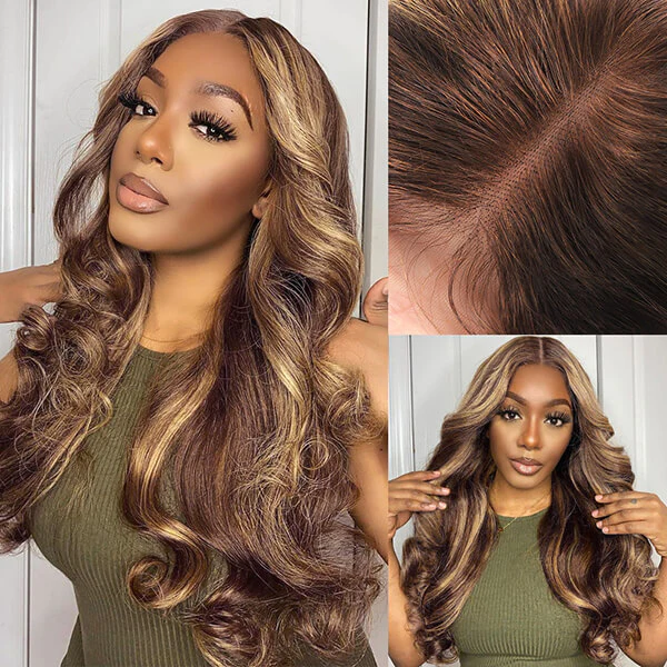 Highlights Hair Body Wave Lace Front Wig P4/27 Transparent Lace Brown Hair with Blonde Highlights Wigs