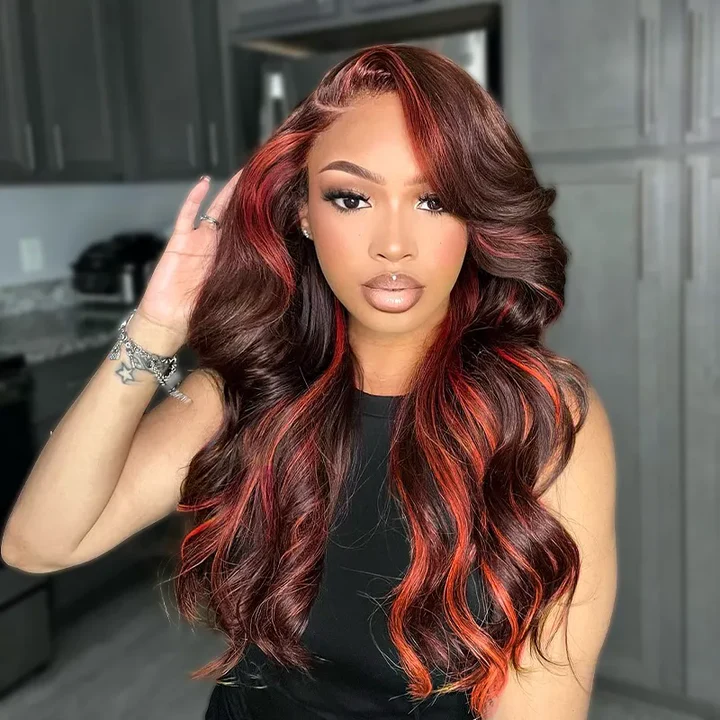Lumiere Ginger Highlights On Brown Hair Multi Colored Lace Front Body Wave Glueless Wig Brown with Mixed Orange Yellow Human Hair Wig