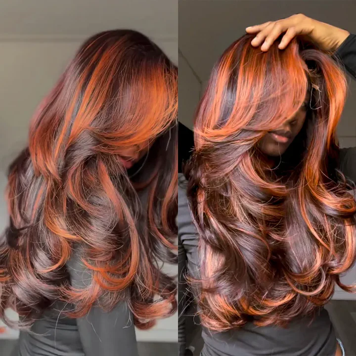 Lumiere Ginger Highlights On Brown Hair Multi Colored Lace Front Body Wave Glueless Wig Brown with Mixed Orange Yellow Human Hair Wig