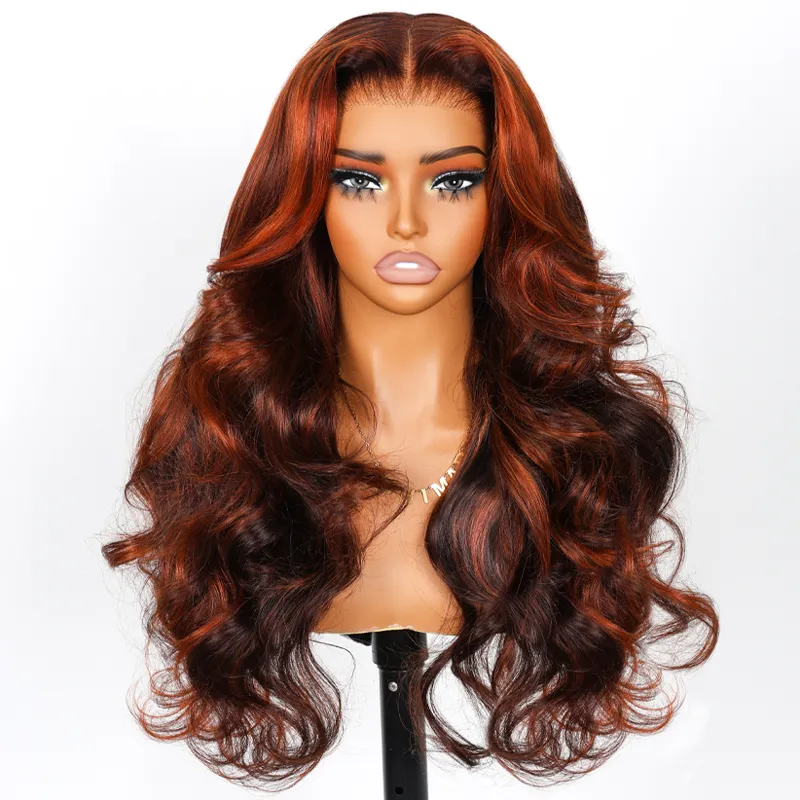 Lumiere Ginger Highlights On Brown Hair Multi Colored Lace Front Body Wave Glueless Wig Brown with Mixed Orange Yellow Human Hair Wig