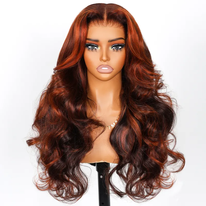 Lumiere Ginger Highlights On Brown Hair Multi Colored Lace Front Body Wave Glueless Wig Brown with Mixed Orange Yellow Human Hair Wig