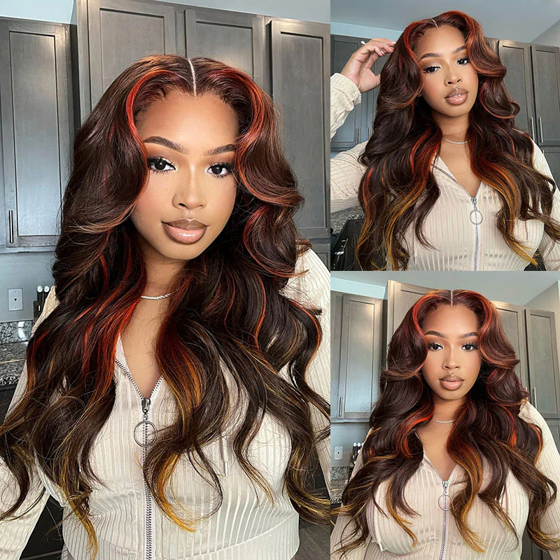 Lumiere Ginger Highlights On Brown Hair Multi Colored Lace Front Body Wave Glueless Wig Brown with Mixed Orange Yellow Human Hair Wig