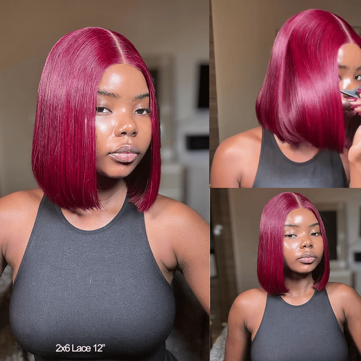 Lumiere Blunt Cut Bob Wig 2x6/13x4 Lace Closure Straight #99J Red Colored Short Bob Human Hair Wigs 220% Density