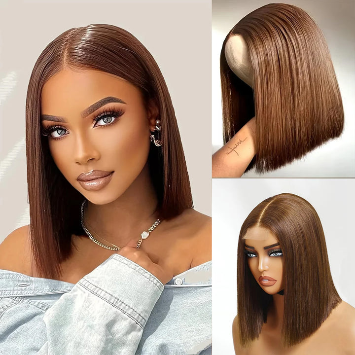 Lumiere #4 Brown Blunt Cut Bone Straight Bob Wig 2x6/13x4 Inch Deep Part Realistic Lace Vietnam Hair 220% Density