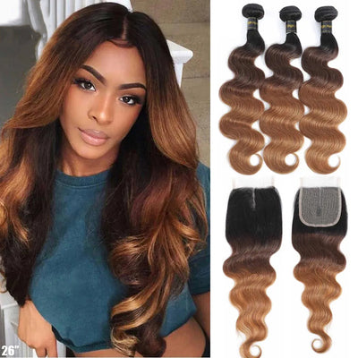 1B/4/30 Color  Human Hair Body wave 3 Bundles With 4x4 Closure Free Part 2 Tone Ginger Hair Weave