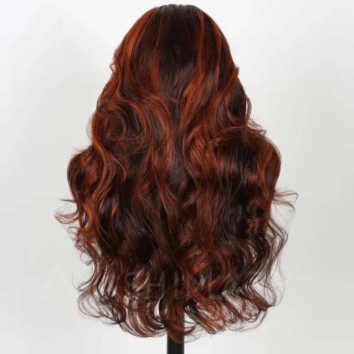 Lumiere Ginger Highlights On Brown Hair Multi Colored Lace Front Body Wave Glueless Wig Brown with Mixed Orange Yellow Human Hair Wig