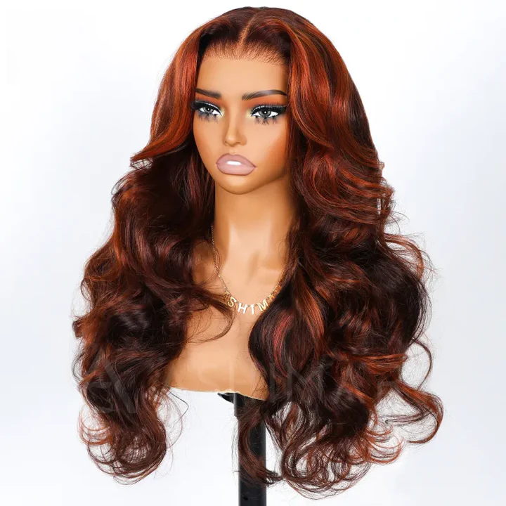 Lumiere Ginger Highlights On Brown Hair Multi Colored Lace Front Body Wave Glueless Wig Brown with Mixed Orange Yellow Human Hair Wig