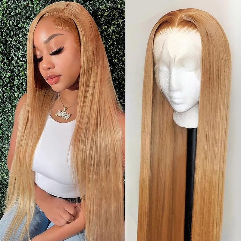 #27 Honey Blonde Straight Lace Closure & Frontal Human Hair wigs with baby hair