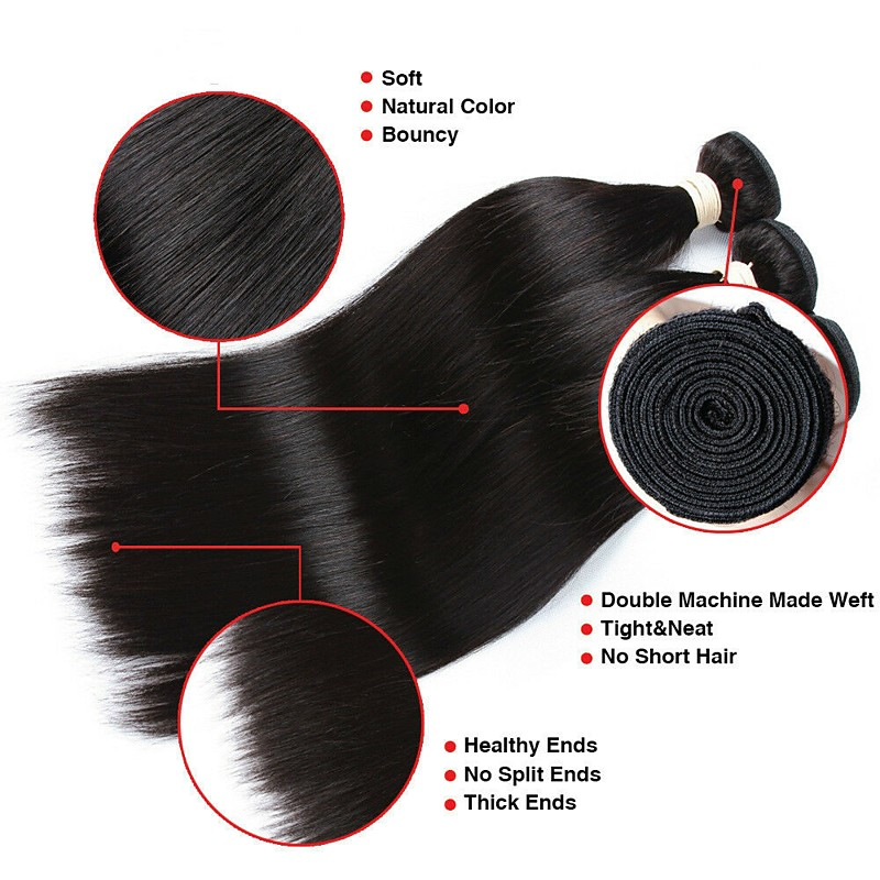 (B1)Straight 3 Bundles With 4*4 Lace Closure Remy Brazilian 100% Human Hair