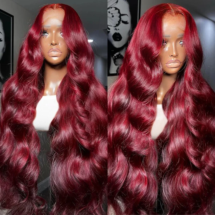 Lumiere 99J Burgundy 13x4 HD Body Wave Lace Front Human Hair Wigs Pre Plucked Red Colored Frontal Wigs for Women (No Code Need)