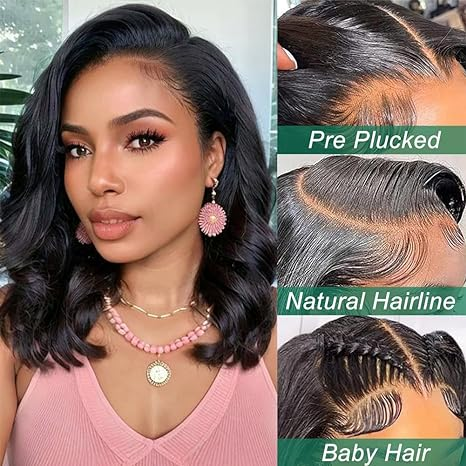 Luniere A1 Customized 13x4 Body Bob HD Lace Front Short Bob Wigs for Black Women Human Hair Natural Black Color 14 Inch