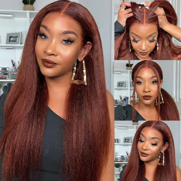 Brun rougeâtre Kinky Straight Glueless Lace Front Perruques douces pour les femmes noires