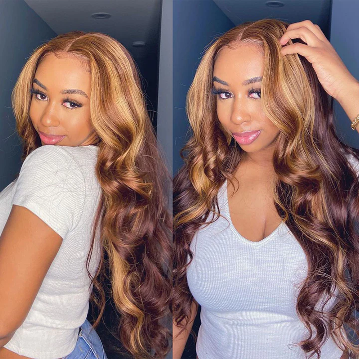 Highlights Hair Body Wave Lace Front Wig P4/27 Transparent Lace Brown Hair with Blonde Highlights Wigs