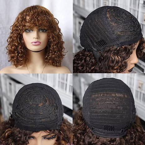 Lumiere A1 Customized #30 Curly Bob Wigs Human Hair Wig With Bangs for Black Women 14 Inch
